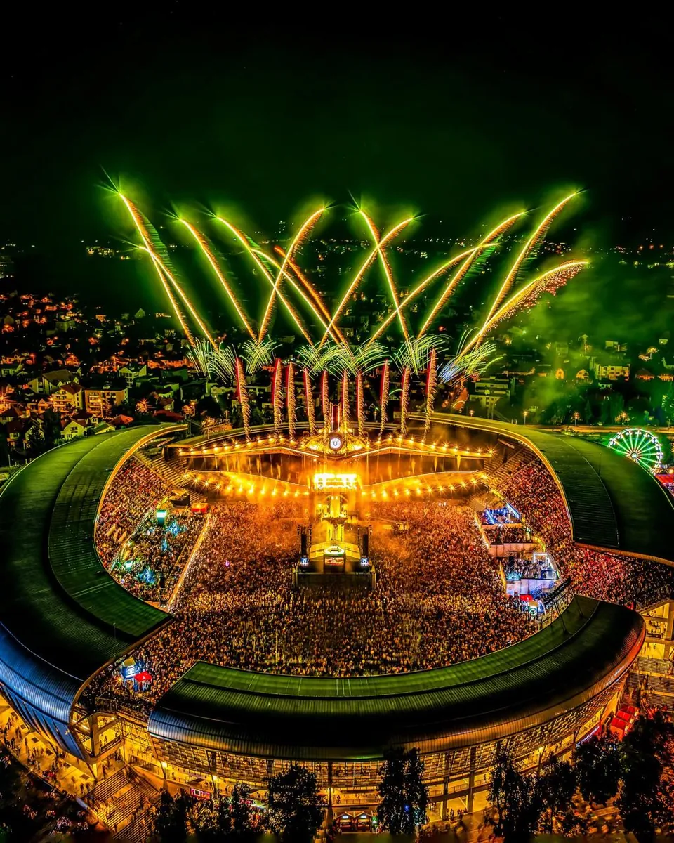 Aerial stadium show at night